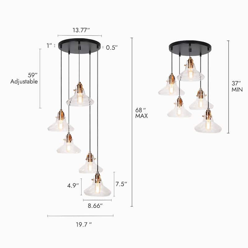 Farmhouse 5-Light Cluster Entryway Glass Adjustable Wire Pendant for Coastal Bathroom - 19.7"W x 19.7"D x 37" - 68"H