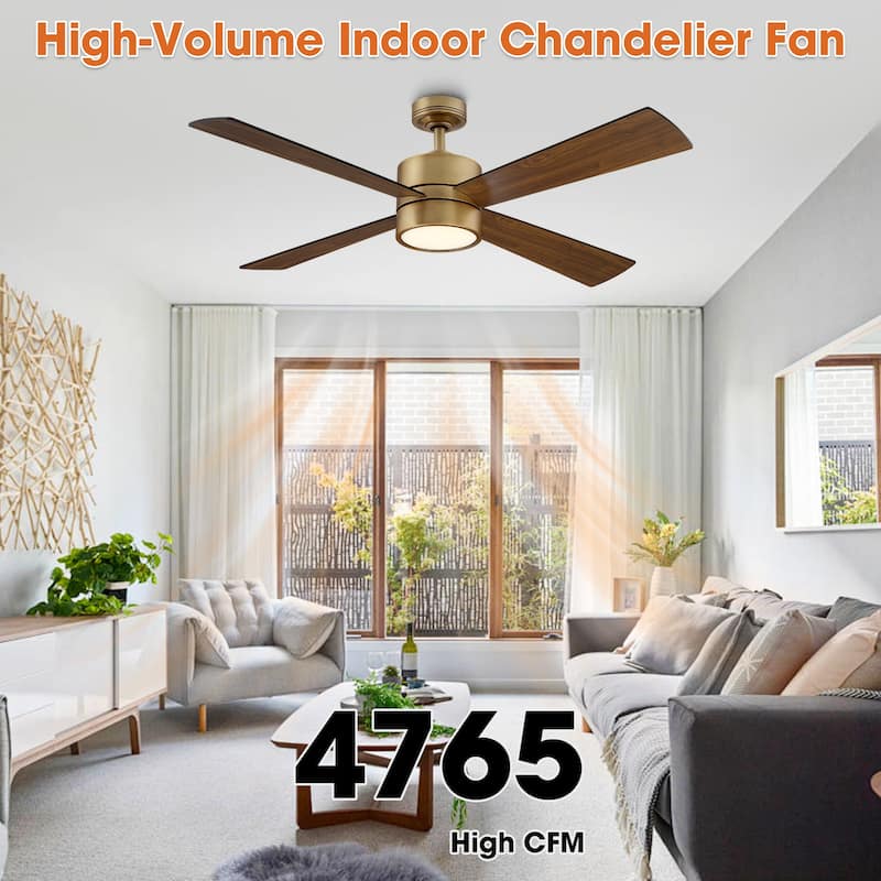 52" Antique Brass Wood 4-Blade Indoor Ceiling Fan with Light and Remote
