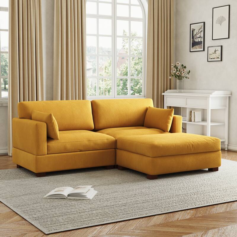 85in.W Corduroy Modular 3-Piece L-Shaped Sectional Sofa with Ottoman