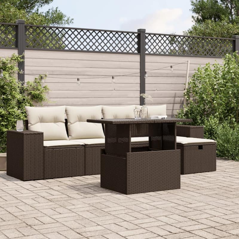 vidaXL Patio Sofa Set with Cushions Outdoor Furniture 6 Piece Poly Rattan - Brown and cream - 21.7 x 39.4 x 28.7 in