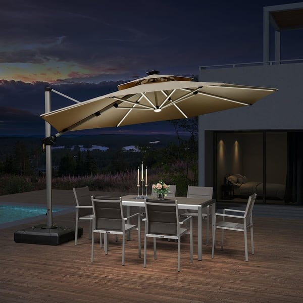 PURPLE LEAF 12 ft Double Top Solar powered LED Round Patio Cantilever Umbrella with Base - Navy Blue PURPLE LEAF 12 ft Double Top Solar powered LED Round Patio Cantilever Umbrella with Base - Navy Blue