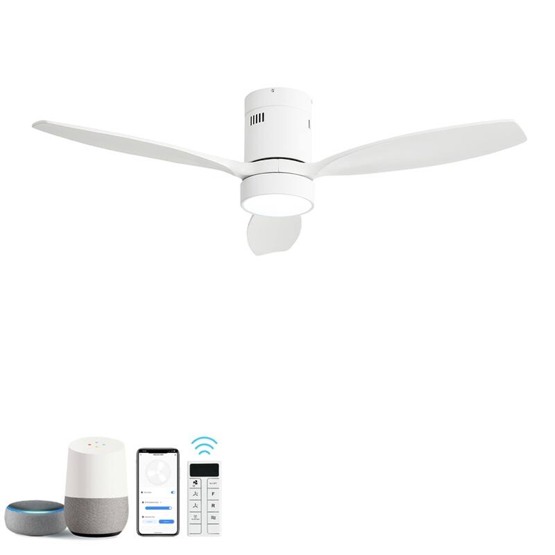 52 Inch Flush Mount Ceiling Fan Solid Wood Fan Blade Noiseless Reversible Motor Smart Remote Control With Light - White