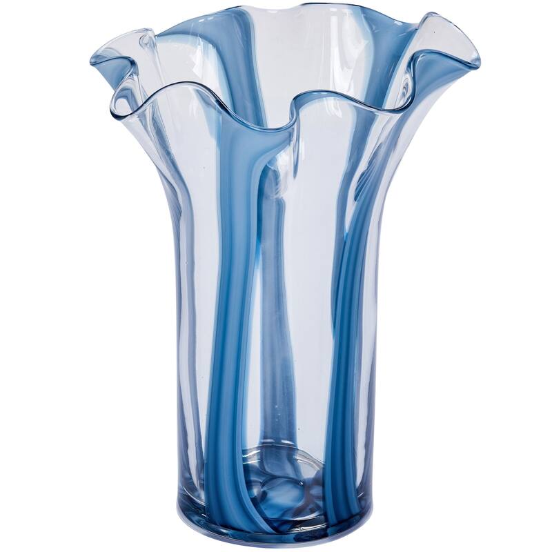 Blue Striped Handblown Glass Set of Two Scalloped Edge Vases