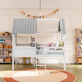 Twin Size Low Loft Wood House Bed with Two Side Windows - Bed Bath ...