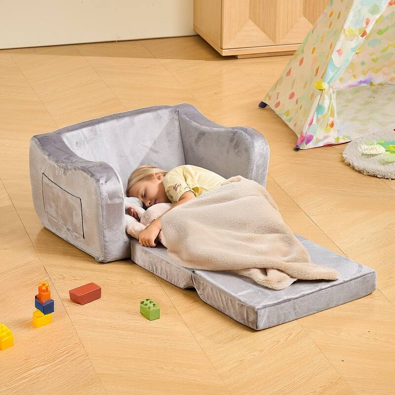 2 in 1 Soft Plush Fabric Convertible Toddler Couch Nap Bed with Armrest for Kids 18 Months-6 Years - 23.6 x 17.5 x 15.9 in