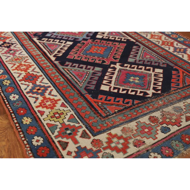 Hand Knotted Oriental 100% Wool Carpet Traditional Geometric Multi-Colored Kazak Runner Rug - 7' 6'' X 3' 4''