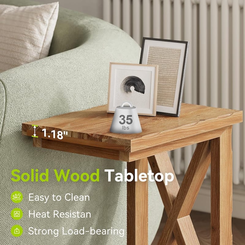 Solid Wood 2-Tier C Shaped End Table with Open Storage Shelf, Sofa Side Accent Table for Living Room & Bedroom Nightstand