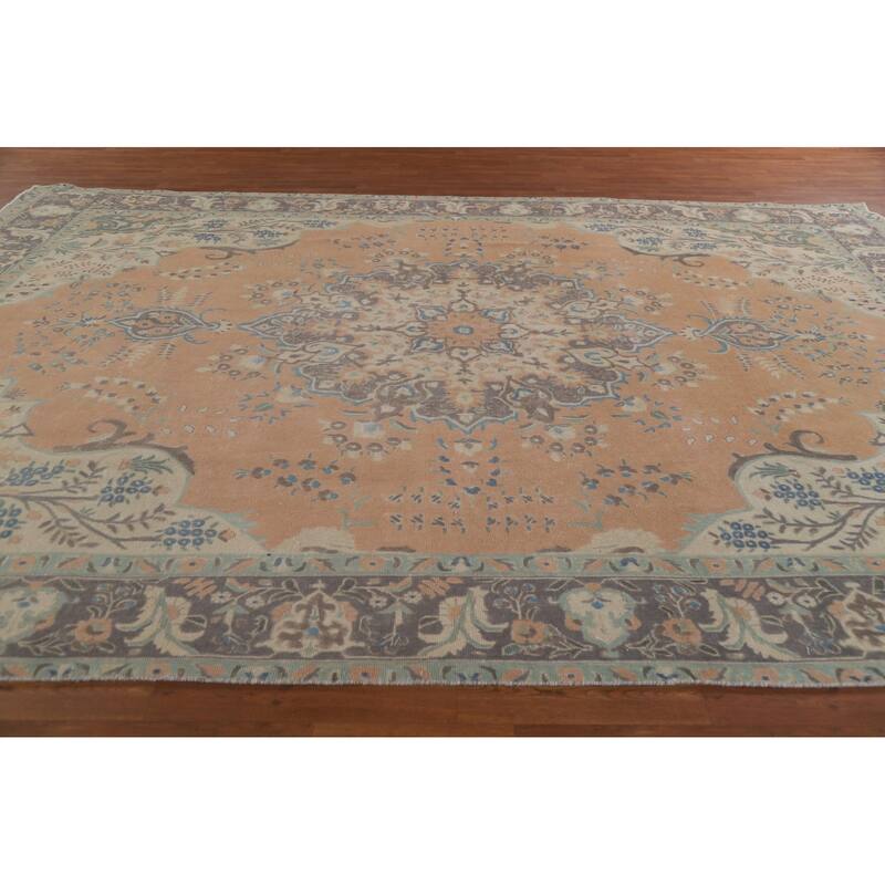 Hand Knotted Oriental 100% Wool Carpet Traditional Floral Peach Tabriz Area Rug - 13' 1'' X 9' 4''