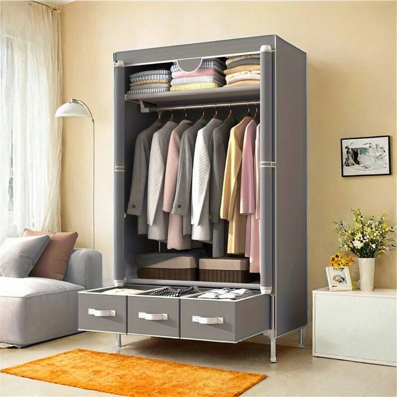 Foldable Closet Organizer,Hanging Rod Wardrobe w/Sturdy Fixed Shelves