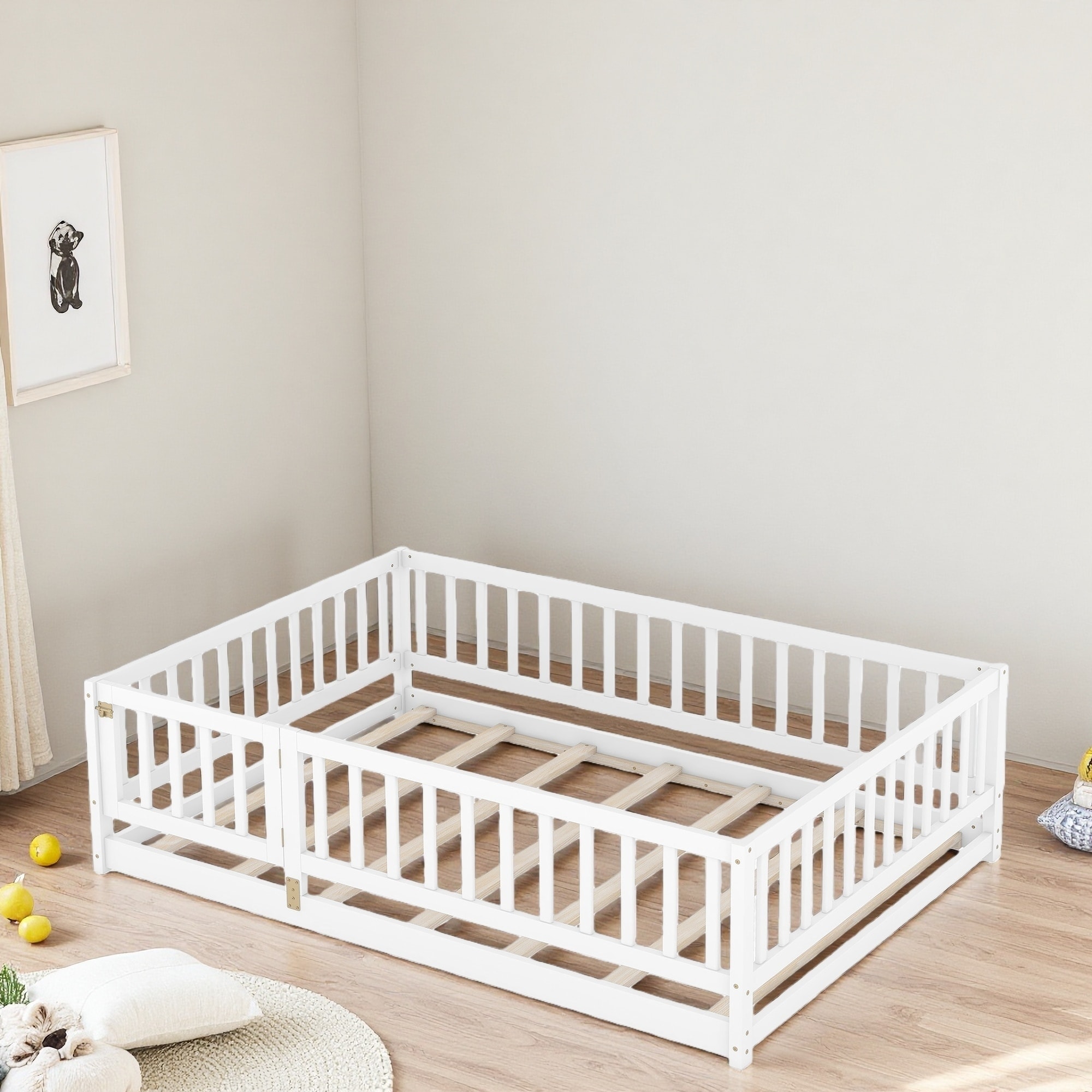 Full Pine Montessori Floor Bed with Fence & Door