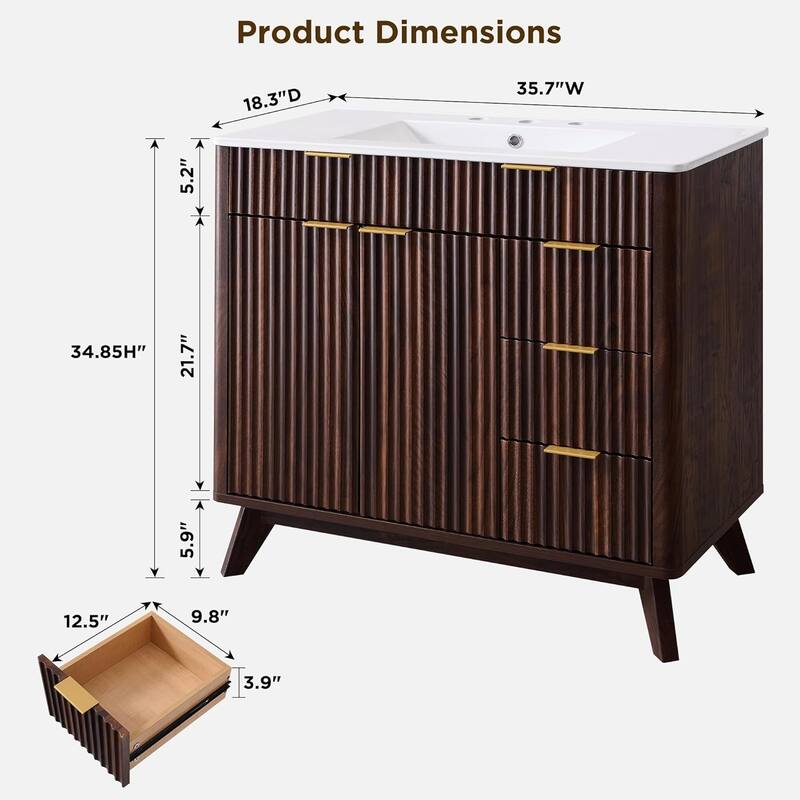 36" Fluted Bathroom Vanity with Sink Combo，Modern Bathroom Cabinet