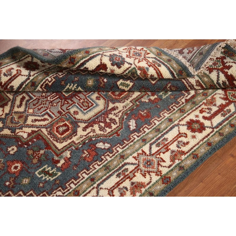 Geometric Blue Heriz-Serapi Oriental Accent Rug Handmade Wool Carpet - 4'1"x 6'0"