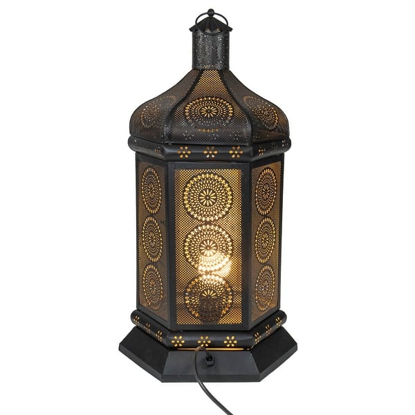 Moroccan Lantern with Fairy Lights - 11 inch Tall, Blue Colored Glass