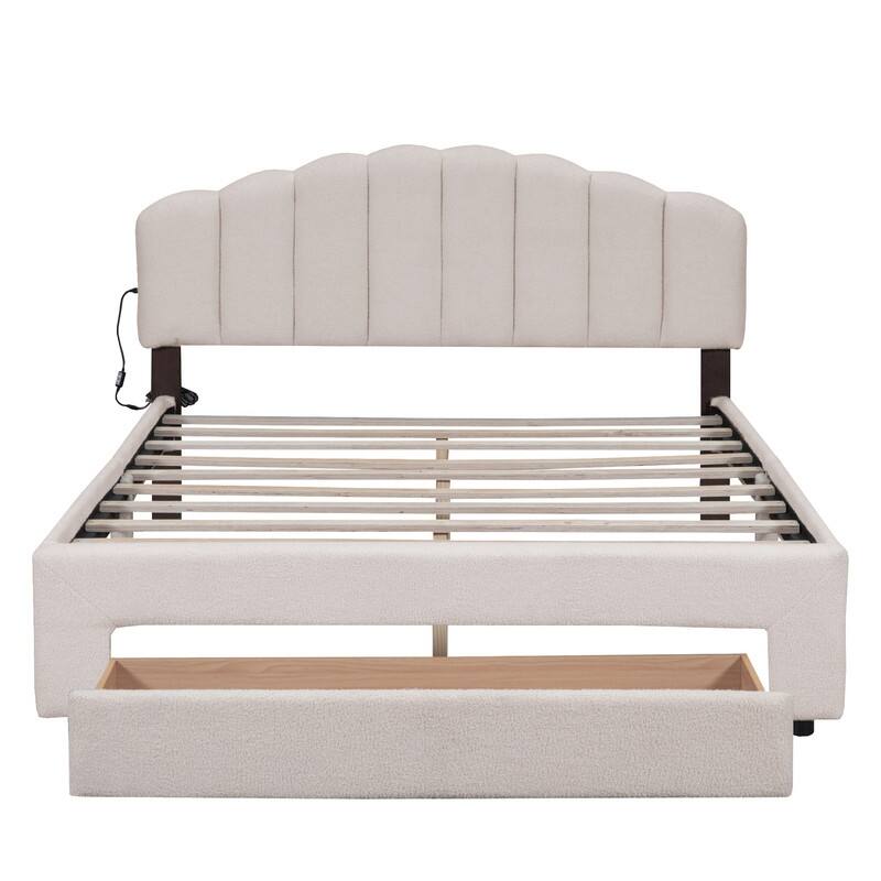 Teddy Fleece Queen Size Upholstered Platform Bed with 1 Drawer