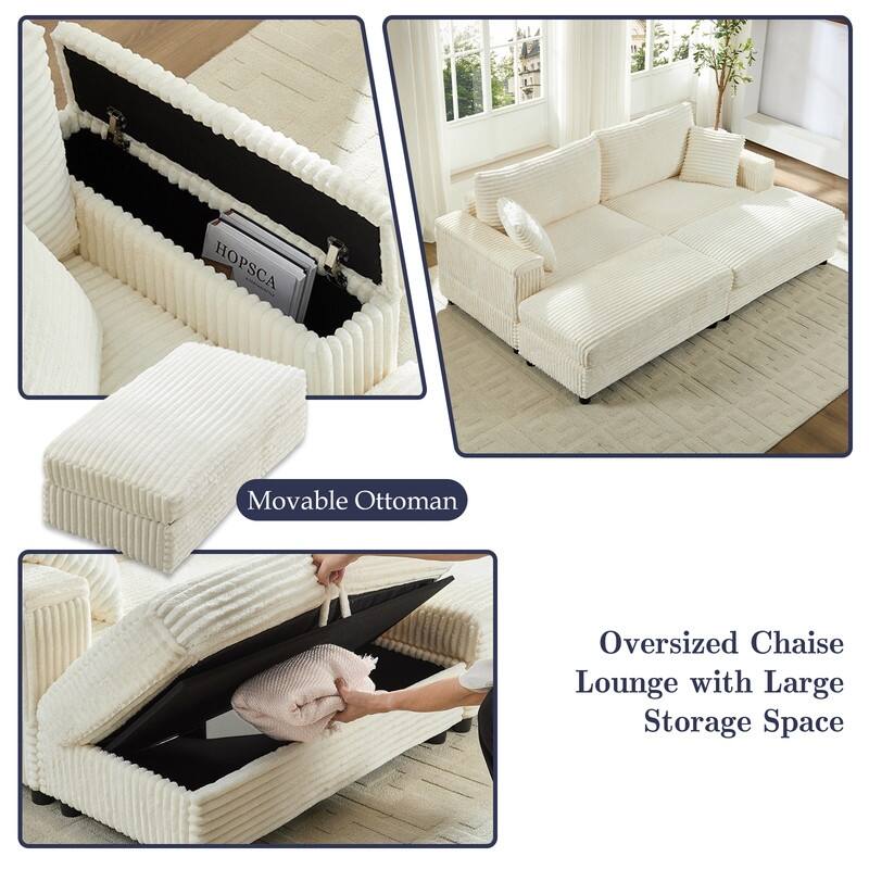 Mixoy 85‘’Corduroy Loveseat Chaise Lounge with Storage Ottoman&Armrests,Upholstered 2-Seater Sleeper Reclining Chair Indoor