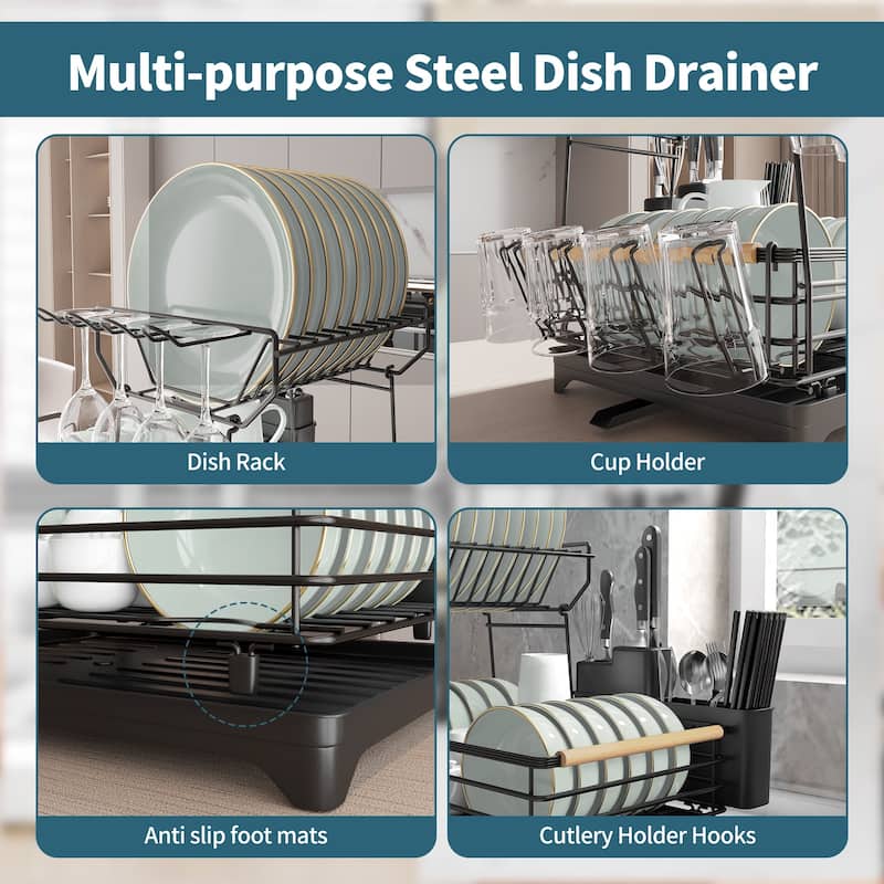 Double-Layer Dish Rack with Bamboo Handle