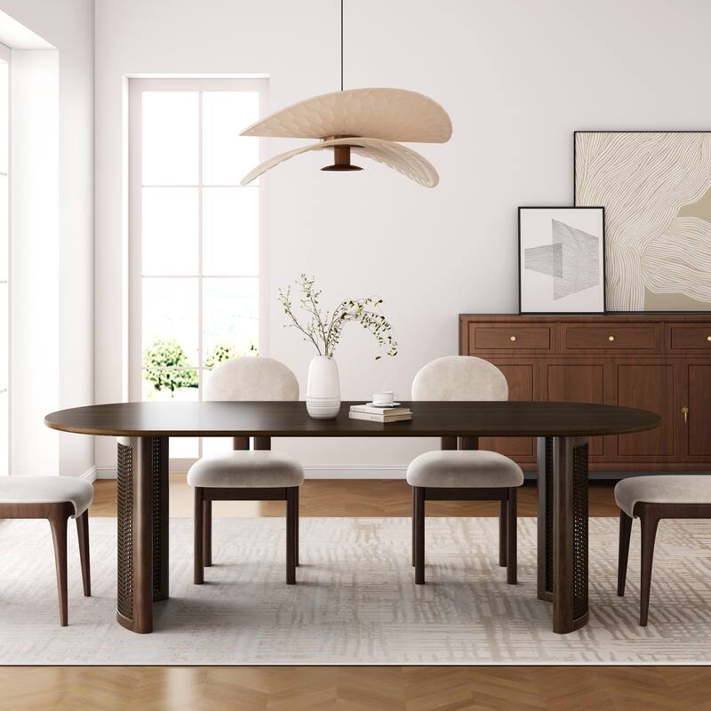 Oval Dining Table with Arc-Shaped Edge Top and Rattan Woven Base Modern Farmhouse Kitchen Table for Living Room Dining Room - Walnut - 67 in.L x 33.5 in.W