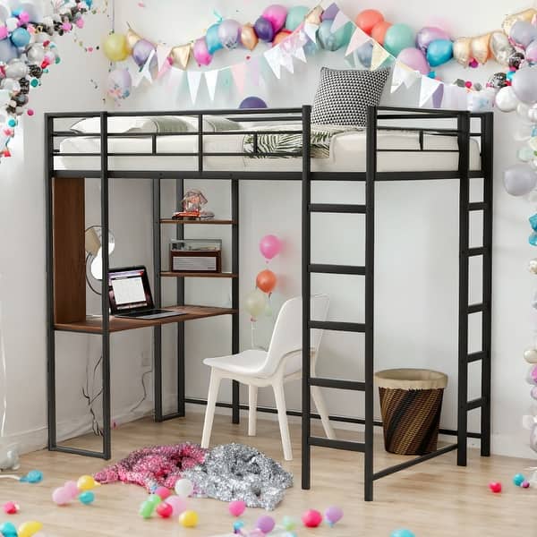 slide 2 of 20, Twin Size Loft Bed With 2 Shelves And 1 Desk,2 Built-in Ladders for Home Black
