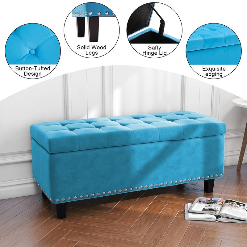 Modern Velvet Button Tufted Rectangle Storage Ottoman