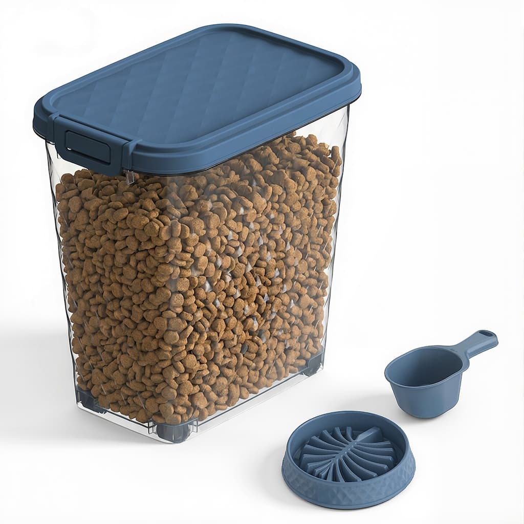 Transparent food storage container resin material, with wheels, comes with a slow-feeder bowl and spoon