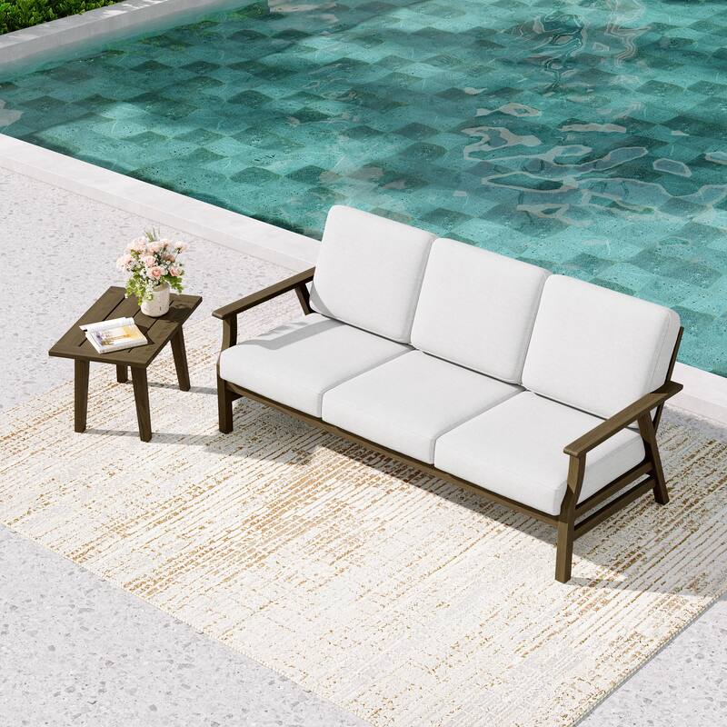 2-Piece Teak Outdoor Sofa Set with Table - Beige/side table - Brown Wood