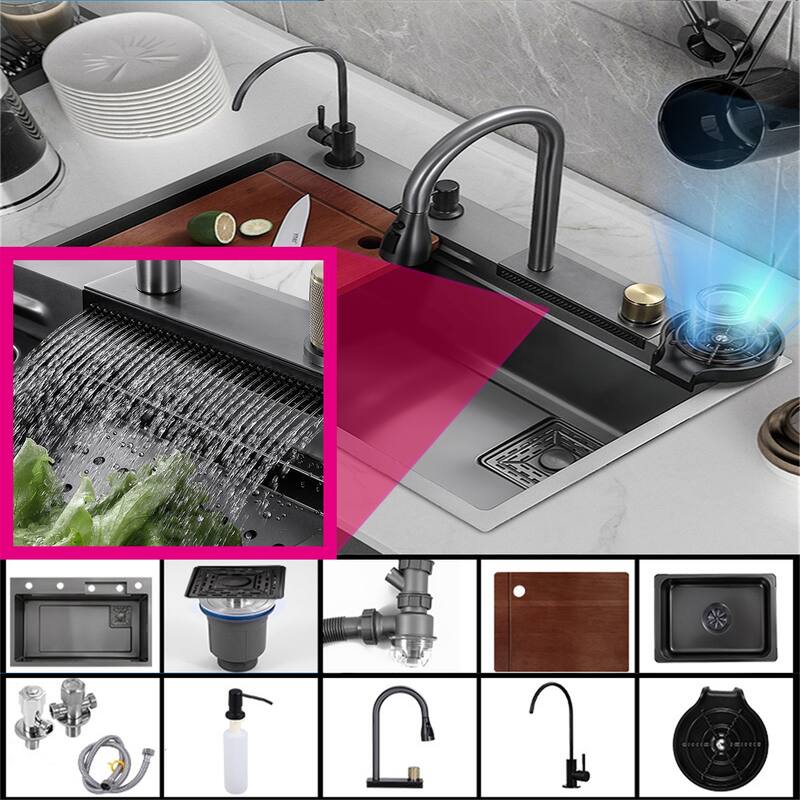Stainless Steel Drop in Kitchen Sink Waterfall Faucet and Accessories - Stainless Steel Drop-in Kitchen Sink Waterfall Faucet and Ac