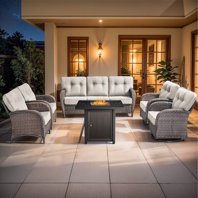 Pocassy Outdoor 30 In Fire Table with Sofa Swivel Patio Chair Set - Brown Wicker Beige Cushion - 6-Piece Sofa Patio Swivel Chair with Fire Table
