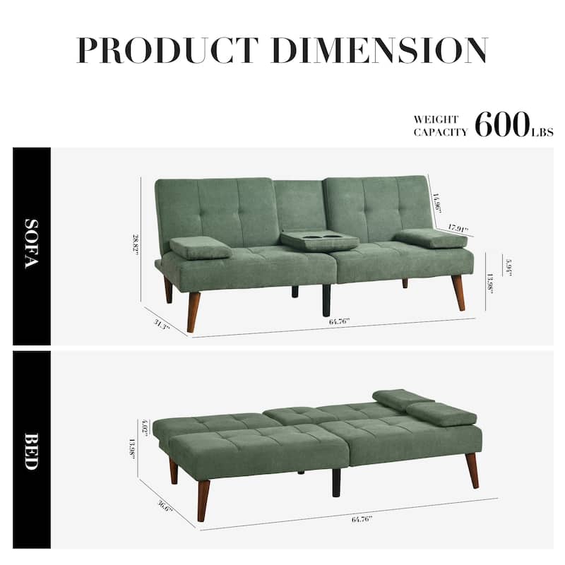 ​65" Futon Sofa Bed - Adjustable, Dual Cup Holders, Space-Saving for Small Rooms​
