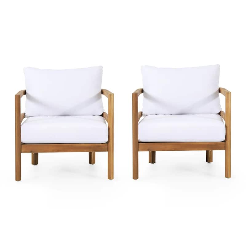 Roomfitters Outdoor Acacia Wood Patio Club Chair with Waterproof Cushions, Teak Finish, Deep Seating for Porch, Balcony, White