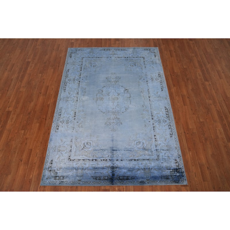 Machine Made Oriental Polyester Carpet Traditional Medallion Navy Blue & Blues Tabriz Area Rug - 7' 5'' X 5' 2''