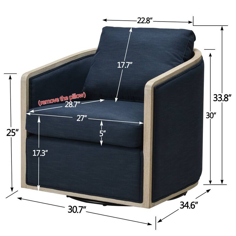 KINWELL 31"W Oak Frame Upholstered Swivel Barrel Armchair