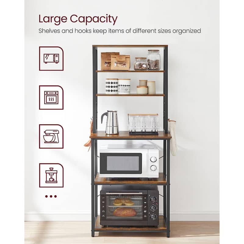 Kitchen Tall Utility Microwave Oven Storage Shelf Stand with 6 Hooks and Metal Frame - 23.6" x 15.7" x 65.7"