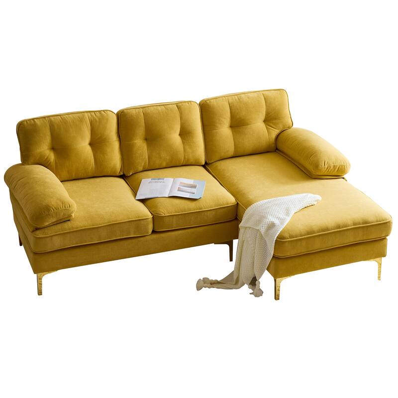Velvet Sectional Sofas Couches with Pillow Top Arms and Upholstered Backrest, Modern L-Shaped Couches with Metal Legs