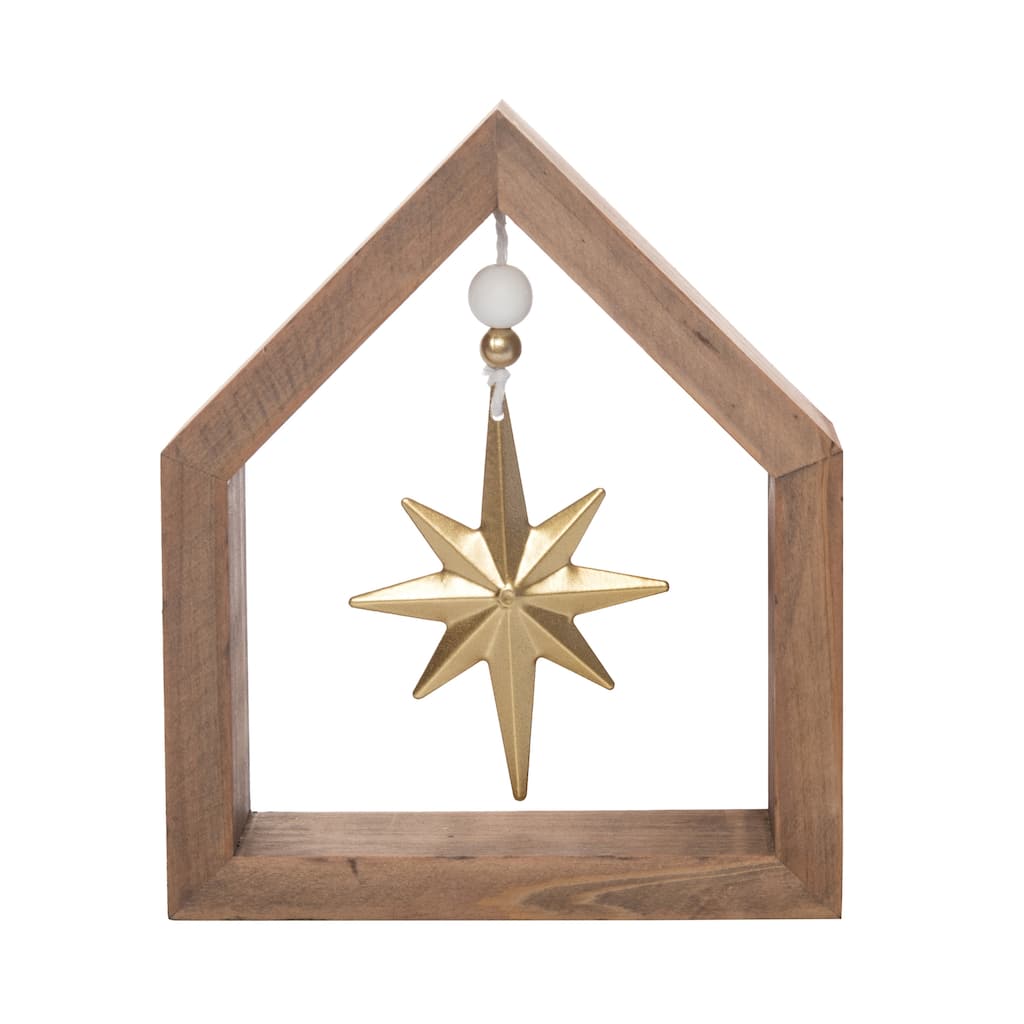 Transpac Wood 7 in. Brown Christmas Block with Dangle Metallic Star