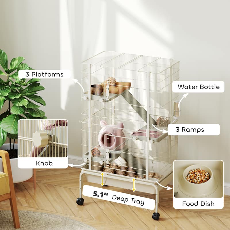 4-Tiers Beige Steel and PP Small Animal Chinchilla Cage with Platforms Ramps Food Dish and Water Bottle