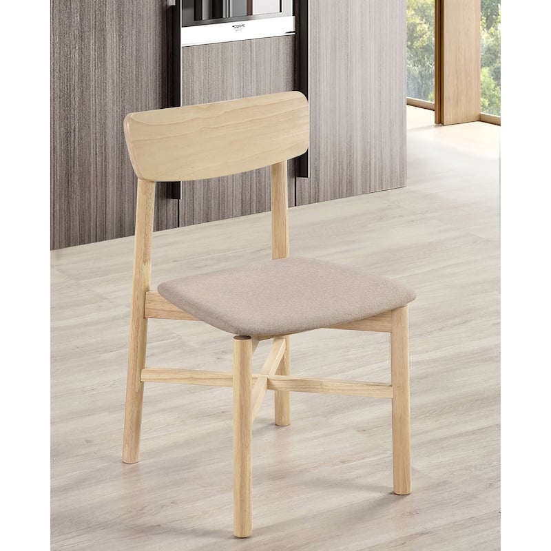 Natural Wood Dining Side Chair Set of 2 with Padded Fabric Seat - White Washed