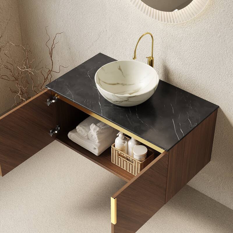 Wall-Mounted Bathroom Vanity with Round Ceramic Sink