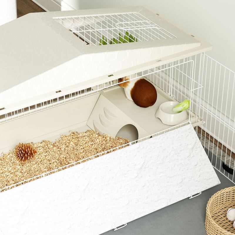 PawHut Small Animal Cage with Removable Pet Playpen, Guinea Pig Cage with Waterproof Pad, Hay Feeder