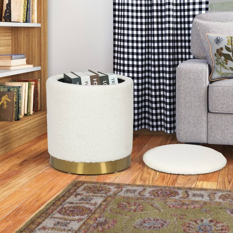 Adeco Velvet Round Storage Stool Gold Plating Base Storage Ottoman