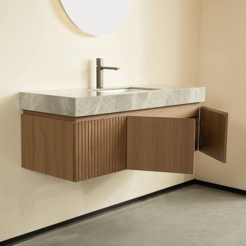 GDFStudio - Muri Modern 48" Floating Bathroom Vanity with Basin, Sintered Stone Countertop, Drawer & Double Doors