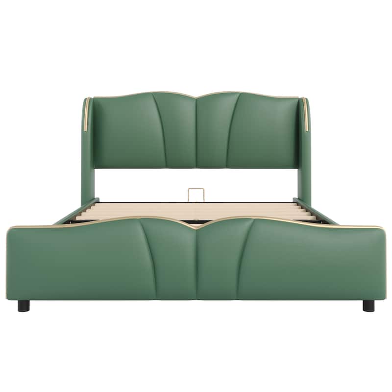 Christopher Knight Home - Emerson Modern Leather Upholstered Bed Frame with Wingback Headboard and Wavy Footboard
