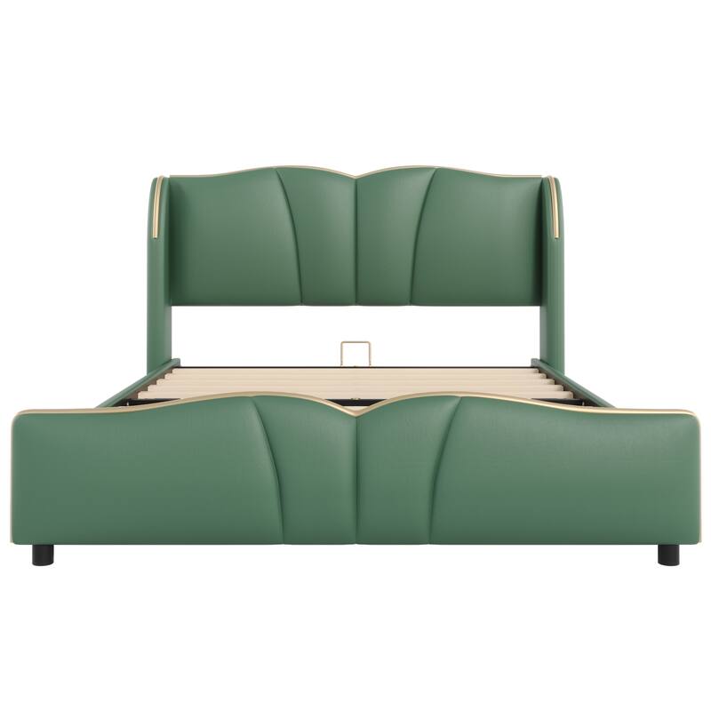 Modern Queen Size Leather Upholstered Bed Frame with Wingback Headboard and Wavy Footboard, Dark Green