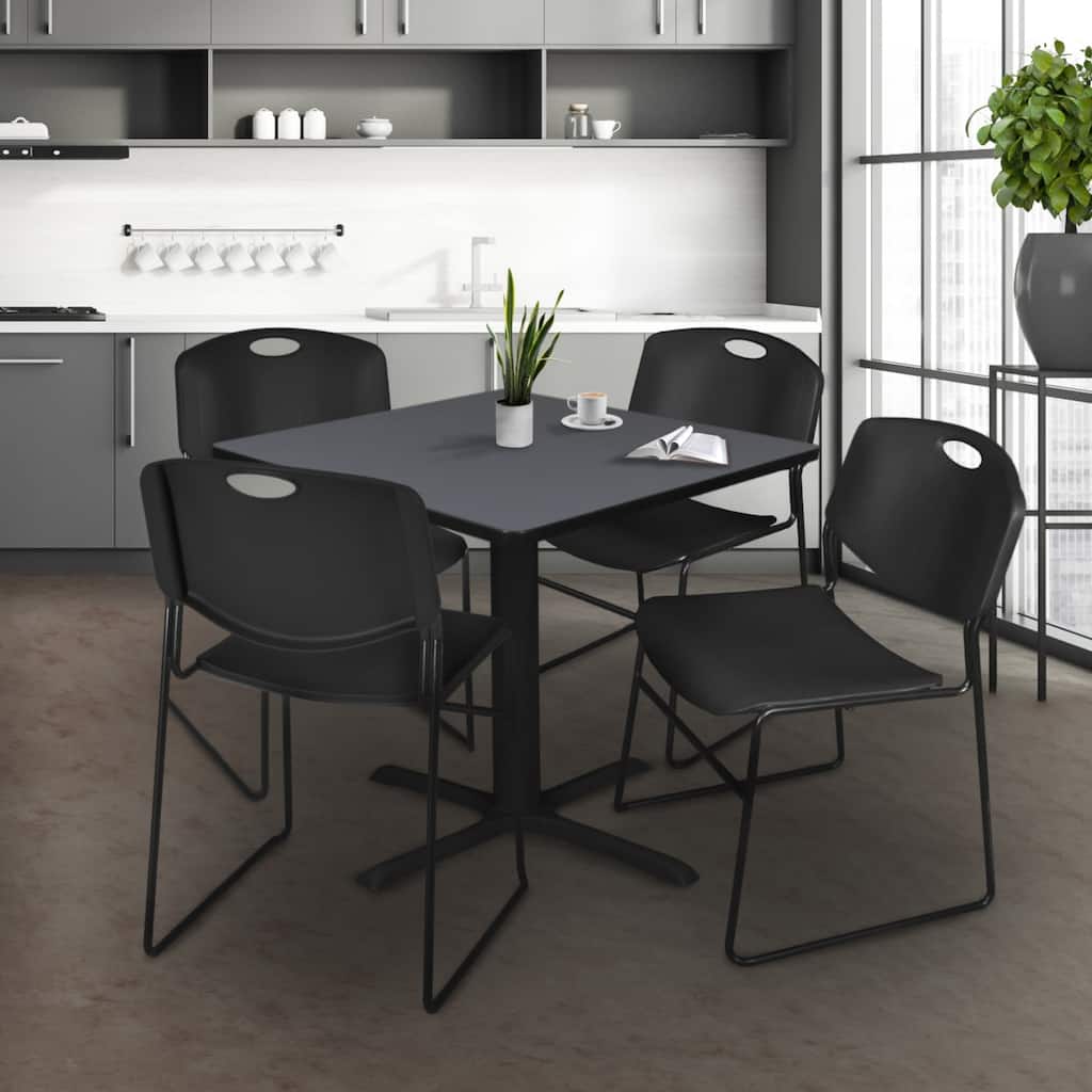 48 in. Square Breakroom Table- Grey & 4 Stack Chairs- Black