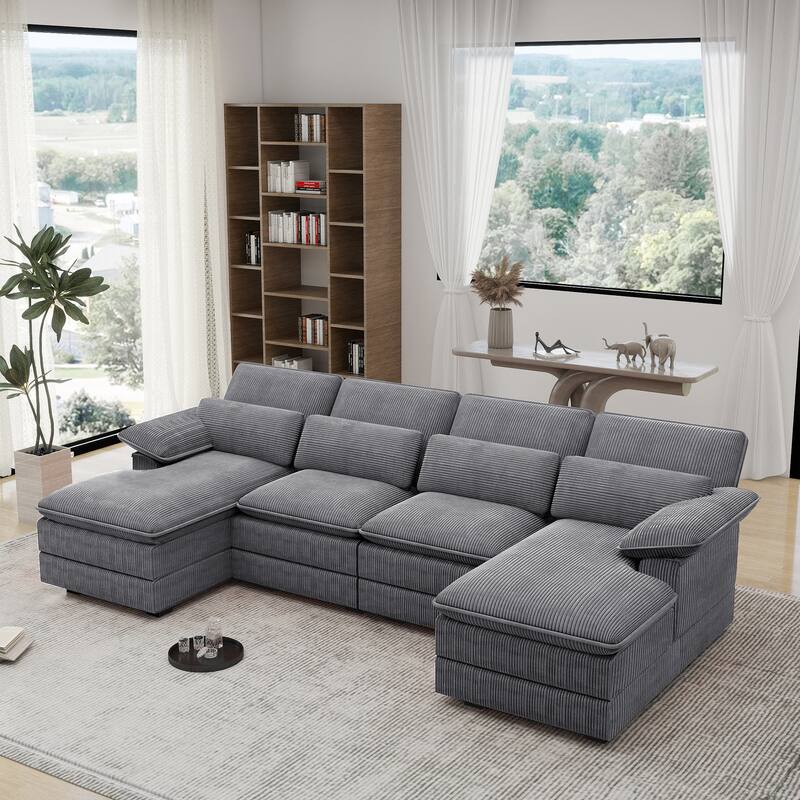 111.8" U-Shaped Cloud Sectional, 4-Seater Corduroy Upholstered Sectional with Recliner and Cushions