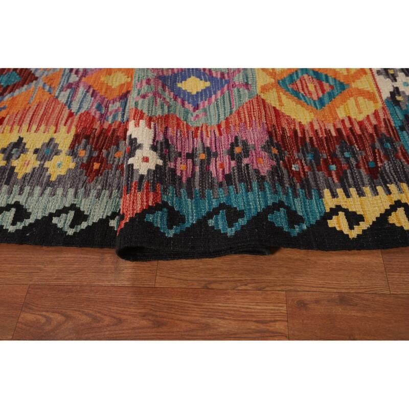 Multi-Color Geometric Kilim Area Rug Flatweave Wool Carpet - 8'5" x 9'6"