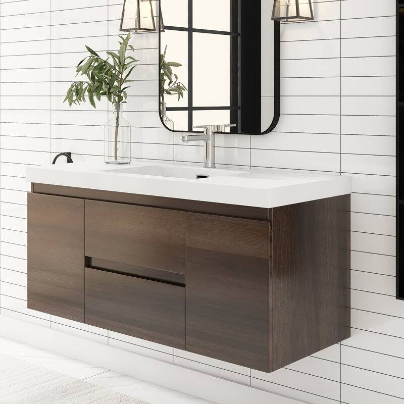 24"/30"/36"/48" Wall-Mounted 2-drawer Bathroom Vanity Set with Integrated Resin Sink