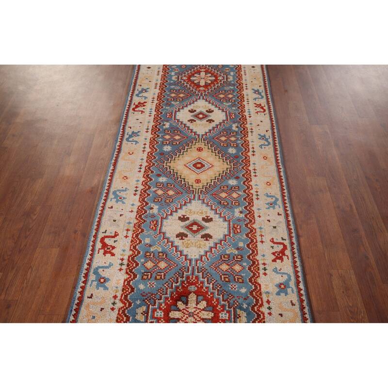 Blue Geometric Kazak Indian Foyer Rug Handmade Wool Carpet - 2'6"x 6'0"