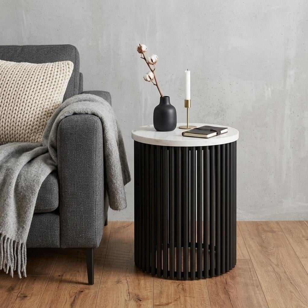 HomeRoots 21" Matte White and Black Marble and Iron Round Drum End Table - 17.50 in. x 21.30 in. x 17.50 in.