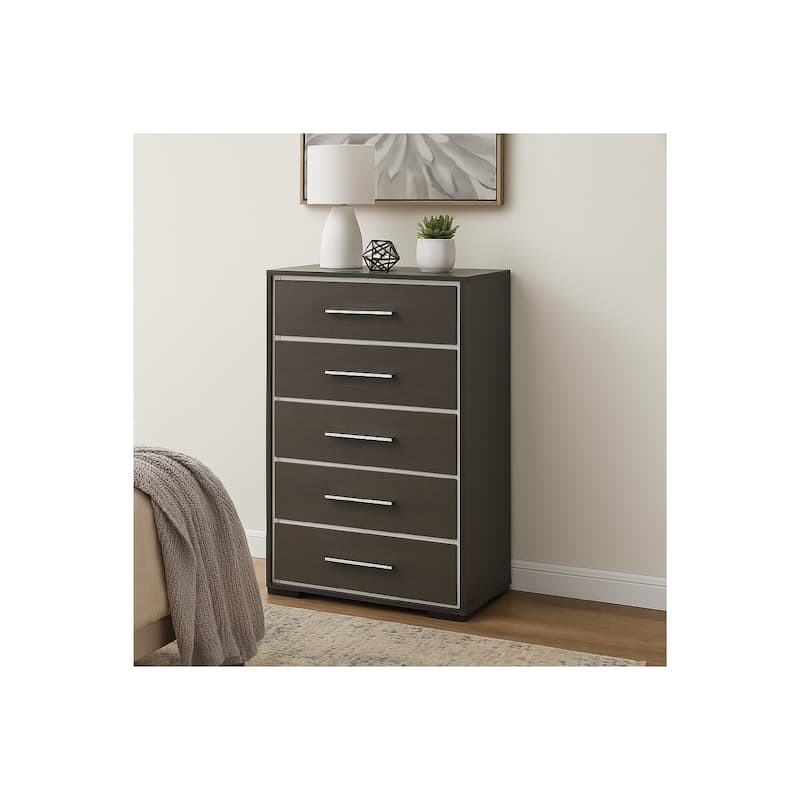 Hez Tall Dresser Chest, 5 Drawers, Silver Trim, Modern Dark Brown Finish
