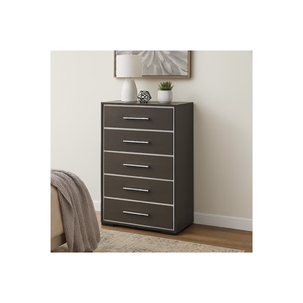 Hez Tall Dresser Chest, 5 Drawers, Silver Trim, Modern Dark Brown Finish